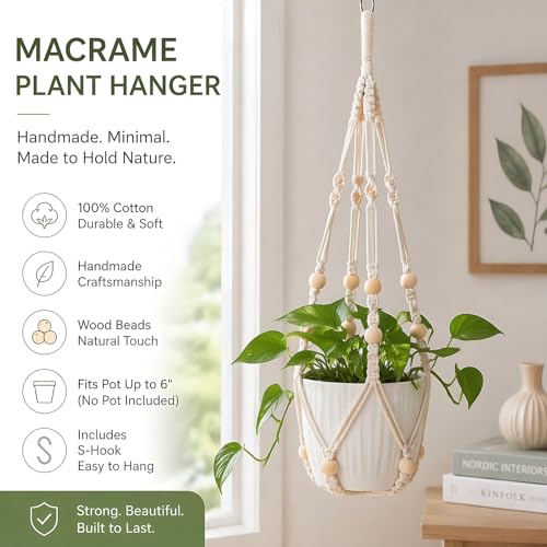 Macrame Plant Hanger Indoor, 23" No Tassel Hanging Plant Holder, Sturdy Flower Pot Holder with 2 Hooks - Ivory (Pot NOT Included) - color: Ivory, size: 23"-1pc