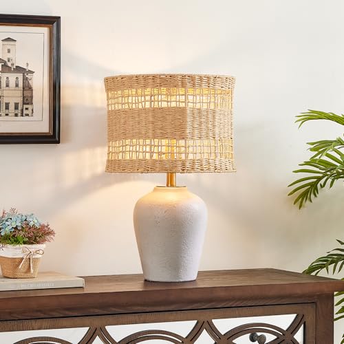 Maxax Farmhouse Ceramic Table Lamp for Living Room, 21" Boho Rattan Bedside Lamp with Woven Rattan Shade, 3-Way Dimmable Coastal Bedroom Lamp for Nightstand Office House - color: Light Gray