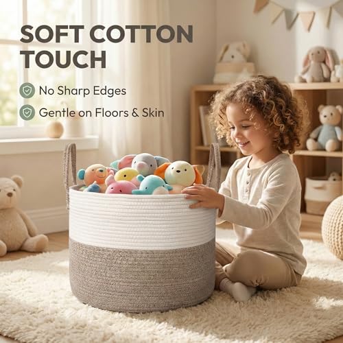 JMvicyroam 65L Extra Large Blanket Basket for Living Room - Woven Cotton Rope Laundry Hamper with Reinforced Handles - Storage Bin for Pillows, Comforters & Toys - Machine Washable,White&Brown - color: White&Brown, size: 65L