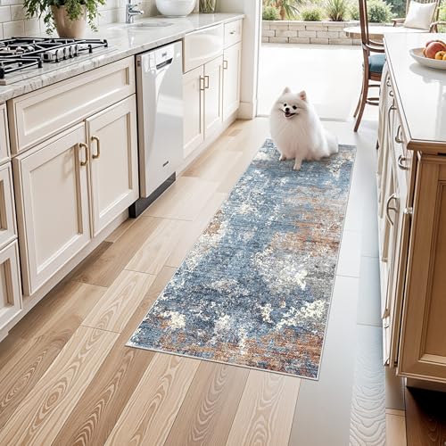 2x4 Runner Rug Washable Non-Slip – Small Throw Rug for Kitchen Floor, Bedroom, Entryway, Bathroom, Bedside – Modern Abstract Neutral Low-Pile Thin Indoor Door Mat（Blue Rust,2x4） - color: Blue Rust, size: 2' x 4' (Rectangular)