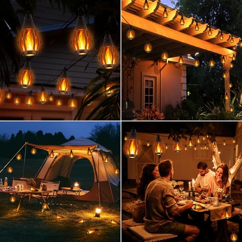 iBaycon Solar Flame Lights, 42Ft 15 LED Bulbs Flickering Flame String Light, Outdoor Waterproof Solar Flame Lights for Garden Yard Lawn Patio Decorations (Warm White) - color: Warm White, size: 42FT