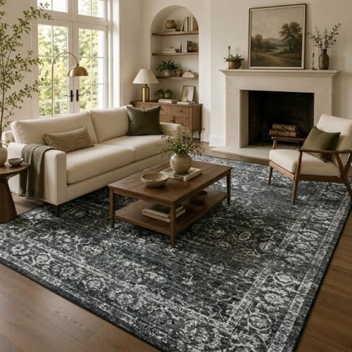 Lahome Margot 8x10 Area Rugs for Living Room Washable Rugs 8x10 Black Large Rug Indoor Carpet, Vintage Distressed Rug Soft Non Slip Area Rug for Bedroom Dining Room Home Office(8 x 10, Black/Grey) - color: Black/Grey, size: 8' x 10' (Rectangular)