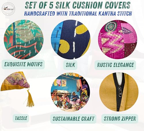 Set Of 5 Boho Throw Pillow Covers - Silk Decorative Cushions For Sofa, Couch, And Bed – Bohemian, Indian & Moroccan Inspired Home DéCor For Living Room (Silk Patch Cushion Cover, 18X18 Inches) - color: Silk Patch Cushion Cover