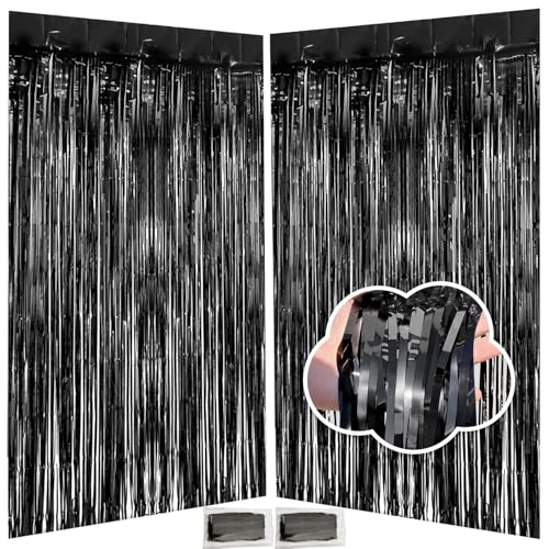 Black Tinsel Foil Fringe Curtains 3.3 x 8.2 ft, Black Fringe Backdrop for Streamers Party Decorations, Glitter Photo Backdrop for Door Decorations Hanging Birthday Bachelorette Halloween (2 Pack) - color: Black