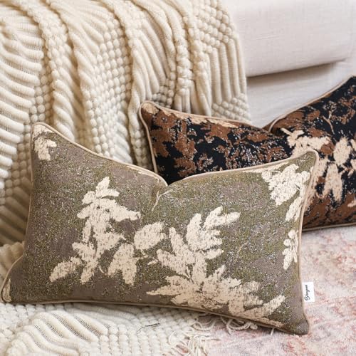 Yangest Neutral Leaf Pillow Cover 12 x 20 Inches, Vintage Chenille Rectangle Throw Pillow Cover Soft Leaves Nature Accent Couch Pillow Cover for Living Room Bedroom, Coffee Brown - color: Coffee Brown, size: 20" x 12" (Pack of 1)