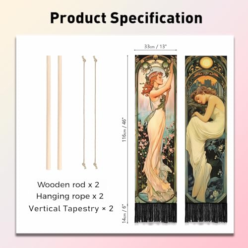 PLIGREAT 2 Pack Mucha Style Vertical Tapestry Art Nouveau Poster Aesthetic Wall Hanging for Bedroom Bathroom Living Room Vintage Long Narrow Wall Hanging Dorm Room Home Art Decor - color: beige,green