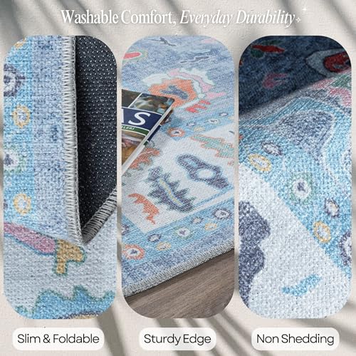 Fame Rugs Blue Modern Oushak Rug 2'6"x7', Washable Vintage Turkish Colorful Oriental Antique Inspired Foldable Small Runner Rugs, Luxury Living Room Bedroom (381LB, 2'6" x 7') - color: 381lb, size: 2'6" x 7' (Runner)