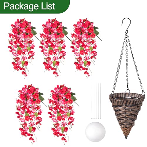 HyeFlora Artificial Fake Hanging Hibiscus Flower Baskets for Outdoor Decoration, Faux Silk Hibiscus Long Vines in Planter UV Resistant Realistic Flowers for Outside Porch Patio Home Decor, RedPink - color: Redpink