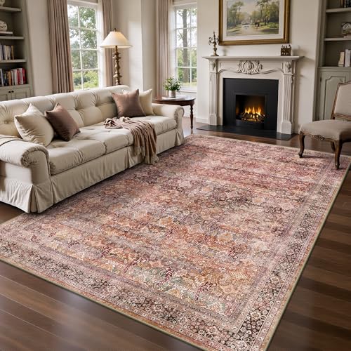 6x9 Area Rugs - Washable Vintage Retro Living Room Rug, Soft Ultra Thin Non Slip Low Pile Traditional Distressed Boho Carpet for Bedroom Dining Room Nursery Home Office, Vintage Iron Red - color: H-vintage Iron Red, size: 6x9
