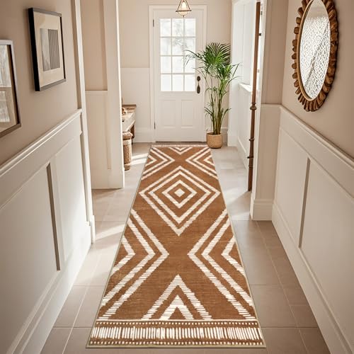 Boho Runner Rugs for Hallway 2.6x8Ft Non Slip, Brown Washable Kitchen Rug with Rubber Backing, Soft Moroccan Farmhouse Entryway Runner, Low Pile Geometric Floor Carpet for Bedroom Home Decor - color: Brown, size: 2'8" x 8' (Rectangular)