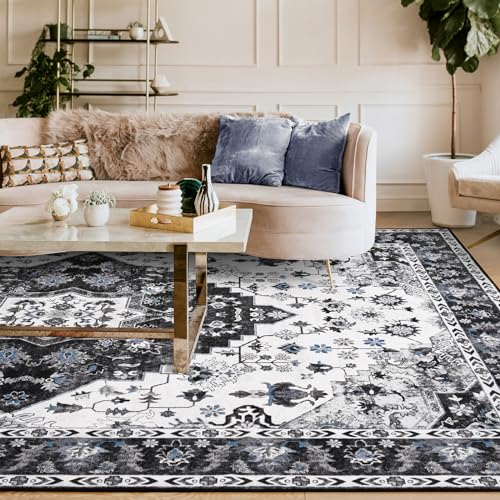 Amearea Vintage Design Area Rugs for Living Room, 4x6 Machine Washable Floral Collection Traditional Bedroom Rug, Low Pile Cute Kids Room Print Carpet, No Slip Office Kitchen Home Decor, Black - color: Black, size: 4' X 6' (Rectangular)