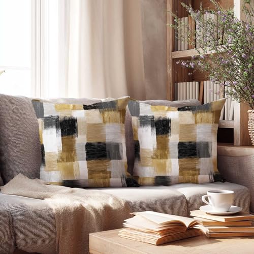 Black Gold Abstract Throw Pillow Covers 18x18 Inch, Set of 2 | Modern Geometric Brush Stroke Square Cushion Cases for Couch Sofa Bedroom | Contemporary Neutral Home Decor Pillowcases - color: Gingham Gold