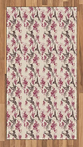 Lunarable Vintage Area Rug, Nostalgic Retro Design Artwork with Lily Blossoms and Hummingbirds, Flat Woven Accent Rug for Living Room Bedroom Dining Room, 2' 6" x 5', Beige Dark Brown and Maroon
