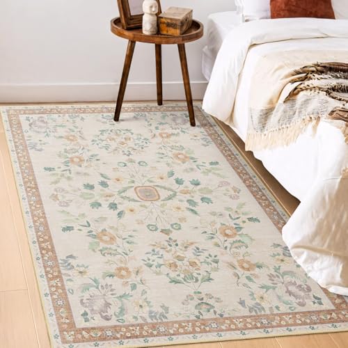 MUJOO 3x5 Rug Washable,Floral Area Rugs for Bedroom Bedside Entryway Living Room Kitchen,Floral Boho Small Indoor Floor Rug Non Slip Throw Carpet Low Pile Vintage Beige - color: Beige, size: 3' x 5' (Rectangular)