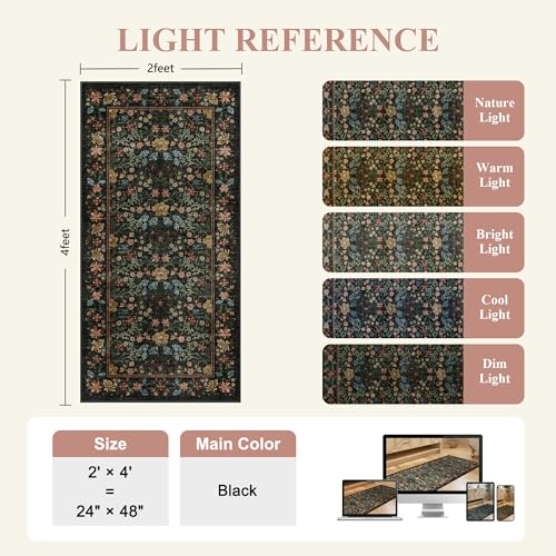 DUKINO 2x4 Rug for Entryway, Lightweight Washable Runner Rug with Non Slip Backing, Vintage Floral Low Pile Small Carpet Runner for Kitchen, Hallway, Entryway, Bathroom, Bedroom, Black - color: Black, size: 2' x 4' (Rectangular)