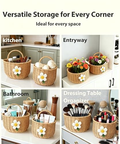 2 Pack Wall Hanging Rattan Baskets, Hand-Woven Storage Basket, Small Wall Hanging Baskets for Kitchen, Washable Decorative Basket, Potato Garlic Onion Storage Baskets, with Daisy Decor - style: With Daisy Décor