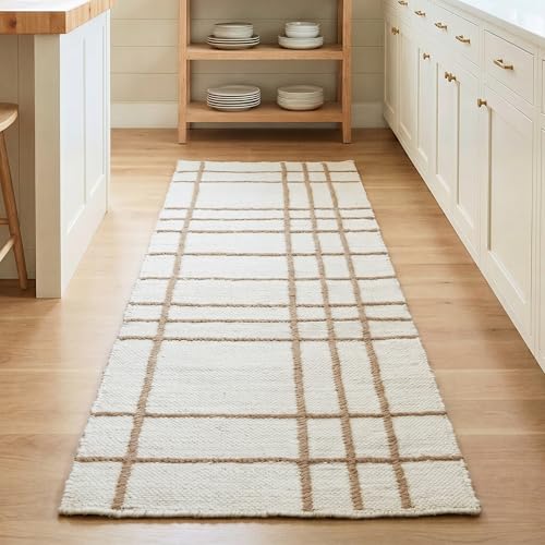 Homespice Faye Jute Runner Rug 2x6' - Cotton Backed Premium Handmade Plaid Runner Rug for Kitchen and Hallway, Lays Flat, Won't Fray or Shed, Soft Linen White with Beige Windowpane - color: Faye, size: 2' x 6' (Rectangular)