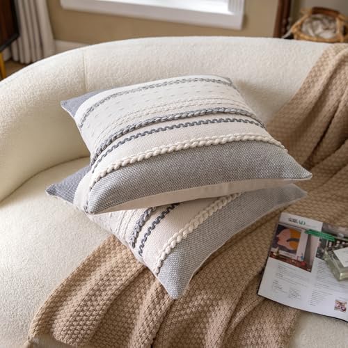 Cethom Boho Throw Pillow Covers 20x20 Inch Set of 2, Grey Textured Decorative Couch Pillow Cases for Farmhouse Home Decor, Accent Cushion Cover for Sofa, Bed, Living Room, Bedroom - color: Grey, size: 20" x 20" (Pack of 2)