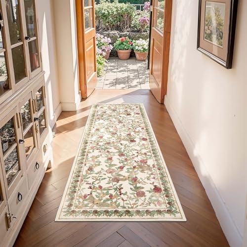 jinchan Eden Floral Washable Runner Rug 2x5 Vintage Hallway Rug Non-Slip Lightweight Soft Thin Kitchen Low Pile Distressed Red Green Carpet for Bathroom Laundry Room Bedroom Entryway - color: Eden Red/Green, size: 2' x 5' (Runner)