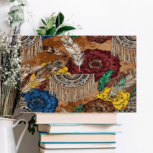 Boho Feather Fringe Art Wall Art Decor Framed 18x12 Inch, Wall Decor Poster for Bedroom Living Room Office Decor (Wooden Inner Frame) - size: 18"L x 12"W