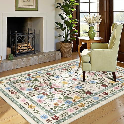 Floral Area Rugs 4x6 Washable Living Room Bedroom Carpet - Vintage Boho Thin Non-Slip Soft Low Pile Floor Mat Indoor Home Decor for Dining Room Playroom Farmhouse, Beige/Green/Multi - color: Beige/Green/Multi, size: 4' x 6' (Rectangular)
