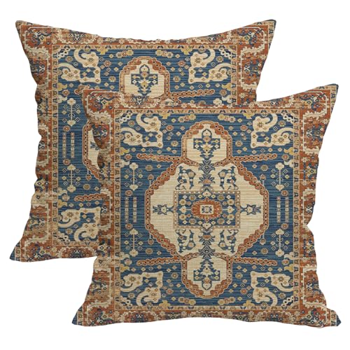 Blue Orange Western Ethnic Boho Throw Pillow Covers 20x20 Set of 2 | Vintage Boho Outdoor Pillows Cover Fall Autumn Bohemian Farmhouse Decorative Pillow Case for Couch Bed Living Room Decor - color: Blue Orange 1, size: 20" x 20" (Pack of 2)