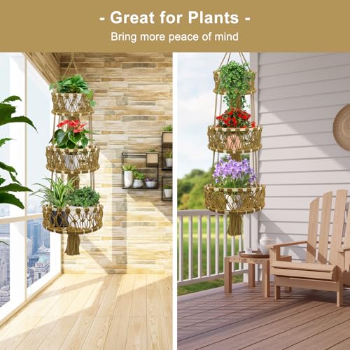 3-tier Hanging Fruit Baskets for Kitchen, Woven Cotton Rope Fruit Hammock, Macrame Hanger Holder for Fruit Vegetable Produce Storage & Organization, Boho Hanging Plant Holder for Indoor Outdoor - color: Caramel