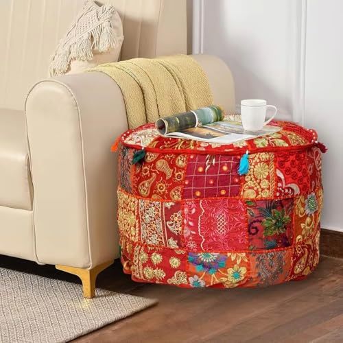 Bohemian Indian Patchwork Ottoman Pouf Cover – 18"x13" inch Round Cotton Embroidered Footstool Pillow – Vintage Ethnic Decor, Red (Cover Only) - color: Red, size: 18"D x 18"W x 13"H