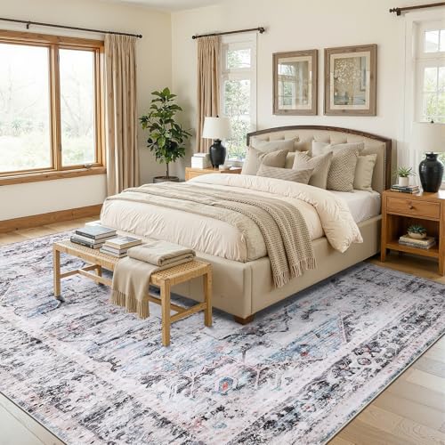Area Rugs 9x12 for Living Room - Machine Washable Soft Large Rugs for Bedroom - Vintage Stain Resistant Non Slip Low Pile Carpet for Dinning Room Farmhouse Kis Room Home Office - color: Light Blue/Light Ivory/Beige, size: 9' x 12' (Rectangular)