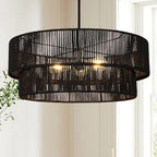 Black Boho Rattan Chandelier 23.6'' Hand Woven Chandelier Light Fixture 3-Light Farmhouse Drum Pendant Light for Dining Room Bedroom Kitchen Hallway Foyer - color: 23.6" Black Rattan