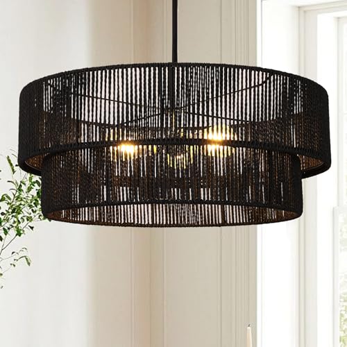 Black Boho Rattan Chandelier 23.6'' Hand Woven Chandelier Light Fixture 3-Light Farmhouse Drum Pendant Light for Dining Room Bedroom Kitchen Hallway Foyer - color: 23.6" Black Rattan
