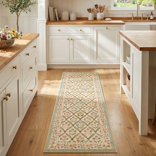 jinchan Haden Runner Rug 2x6 Vintage Floral Washable Hallway Rug for Entrance Kitchen Soft Non-Slip Low Pile Bedside Laundry Room Cottage Warm Indoor Decor Teal Blue - color: Teal Blue, size: 2' x 6' (Runner)
