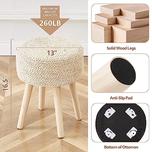 Cpintltr Footstool Ottoman Round Natural Seagrass Foot Stool Pouf Ottomans with Solid Wood Legs Hand Weave Footrest Step Stool for Living Room Bedroom Balcony Garden Natural - color: Natural