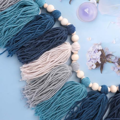 GIAUMA Navy Blue Yarn Tassel Garland with Wood Beads Boho Coastal Wall Hanging Tassels Bunting Banner for Nursery Classroom Kids Room Bedroom Baby Shower Birthday Party Dorm Office Wedding Decor - color: Blue