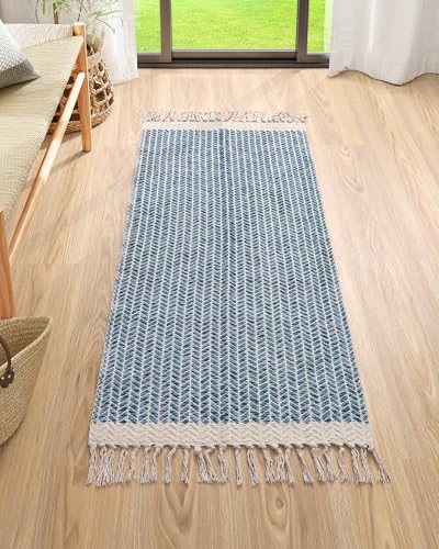 Lahome Belle Boho Laundry Room Rug Runner, 2x4.3 Bathroom Runner Rug Lightweight Kitchen Rugs Woven Cotton Throw Mat with Tassels, Farmhouse Washable Blue Rugs Low Pile for Bedroom Door Mat - color: Blue/Multi, size: 2' x 4'3" (Runner)