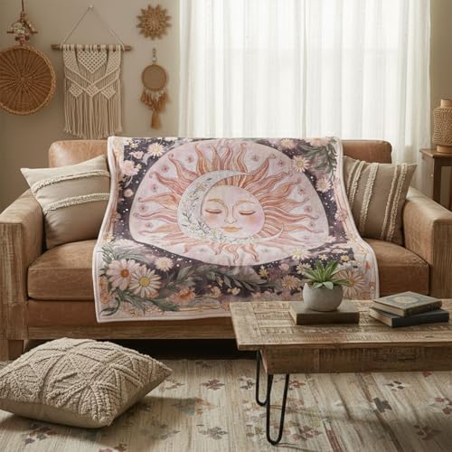 Neasow Sun Moon Daisy Throw Blanket, Boho Aesthetic Floral Blanket, Super Soft Pink Bohemian Decor for Couch Dorm Sofa Room, 50×60 inch - color: Pink Sun and Moon, size: 60"L x 50"W