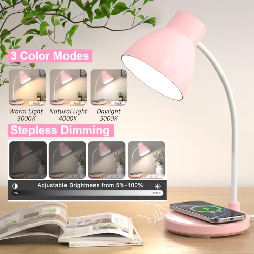 Desk Lamps for Home Office - LED Desk Lamp with Wireless Charger, 3 Color Modes Dimmable Eye-Caring Study Reading Desk Light, Small Flexible Arm Table Lamp for College Dorm Room Bedside, Pink - color: Pink
