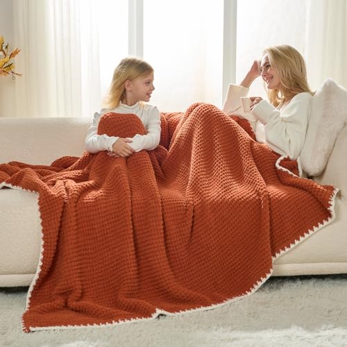Snuggle Sac Orange Waffle Throw Blanket for Couch Bed Sofa 50x60 inches, Reversible Blanket Microfiber Fluffy Fuzzy Cozy Knit Soft Throws for Women Mothers Birthday Gifts - color: Waffle Orange 2, size: Throw(50"x60")