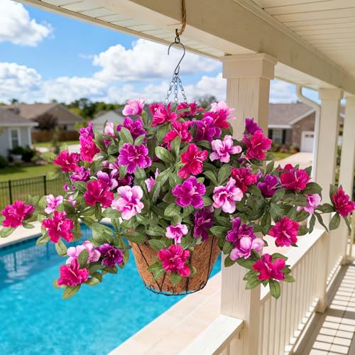 Ammyoo Artificial Hanging Flowers for Outdoors Hanging Baskets, 3 Pcs Fake Silk Flower with Hanging Baskets Planter for Spring Summer Garden Porch Patio Yard Outside Decor - color: X-purple-red Pink Lotus With Basket