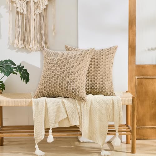 GAWAMAY Decorative Throw Pillow Covers 18x18 Inch Set of 2 for Living Room Couch Bed Sofa, Farmhouse Square Cushion Cover Soft Striped Corduroy Pillow Cases Boho Accent Home Decor (45x45cm) Beige - color: Beige, size: 18" x 18" (Pack of 2)