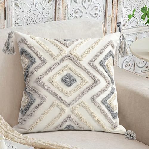 Boho Pillow Covers 18X18 Inch Boho Tufted Throw Pillow Covers Decorative Tassels Cushion Cover Farmhouse Pillow Case for Couch Sofa Bed Living Room Bedroom, Grey Netural - color: Boho Multi-grey, size: 18" x 18" (Pack of 1)