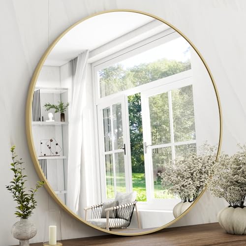 36 Inch Round Bathroom Mirror - Gold Wall Mounted Circle Mirror with Metal Frame, Modern Round Hanging Mirror Suitable for Bathroom, Vanity, Entryway, Living Room - color: Gold, size: 36"L x 36"W