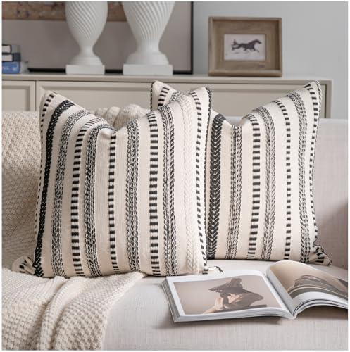 Cethom Black and Beige Boho Throw Pillow Covers 18x18 Inch Set of 2, Stripe Textured Decorative Couch Pillow Cases for Bed, Sofa, Living Room, Bedroom, Farmhouse Home Accent Cushion Covers - color: Black, size: 18" x 18" (Pack of 2)