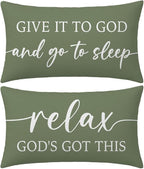 Decorative Throw Pillow Covers 12x20 Inch Set of 2 – Olive Green Christian Lumbar Pillowcase – Give It to God and Go to Sleep/Relax God’s Got This – Faith Bedroom Bed Decor