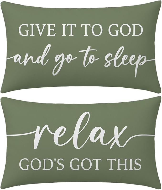 Decorative Throw Pillow Covers 12x20 Inch Set of 2 – Olive Green Christian Lumbar Pillowcase – Give It to God and Go to Sleep/Relax God’s Got This – Faith Bedroom Bed Decor