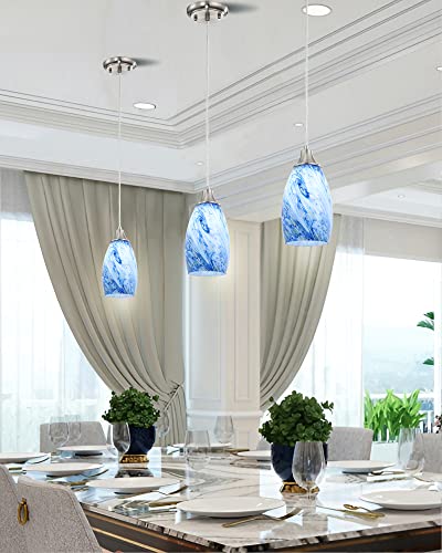 karyfine Mini Pendant Lights Kitchen Island White Blue Glass Lamp Shade Hand Blown Glass Pendant Light with Brush Nickel Finish Adjustable Cord for Kitchen Over Sink Hallway,Dining Room,Stairs Way - color: Blue white mixed yellow whirlpool-1Pack