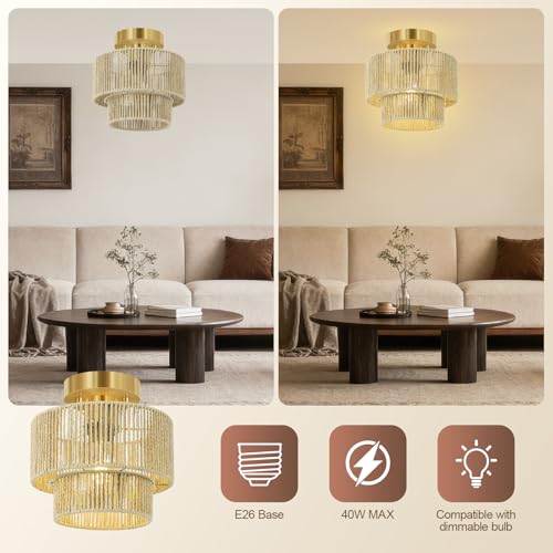 BoostArea 8.66” Boho 2-Tier Rattan Ceiling Light Fixture, Semi Flush Mount Woven Chandelier for Bedroom, Dining Room, Kitchen, Entryway, Living Room(Bulb not Included) - color: Beige