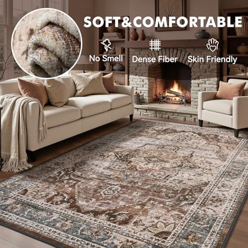 6x9 Area Rugs for Living Room Rug Brown Bedroom Rug Carpet Washable Neutral Vintage Dining Room Rugs for Under Table Soft Comfortable Non Slip - color: Brown Multi, size: 6' X 9' (Rectangular)