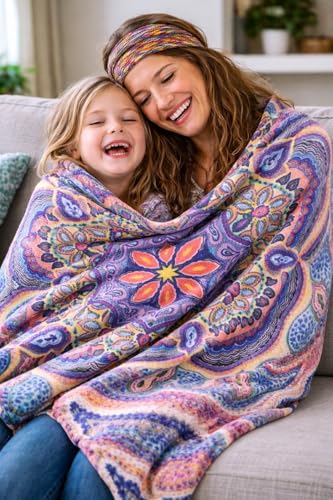 Decorative Luxury Floral Fleece Throw Blanket: Mandala Bohemian Boho Botanical Paisley Damask Velvety Soft, Bright Shades of Purple Pink Yellow White Durable Plush Accent for Bed or Couch, 50" x 70"