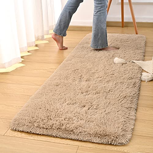 DweIke Fluffy Beige Runner Rugs for Bedroom, 2x6 Feet Soft Plush Long Runners for Girls Boys Kids, Non-Slip and Machine Washable Bedside Rug, Small Throw Carpet for Hallway Rooms Decor - color: Beige, size: 2 Ft X 6 Ft